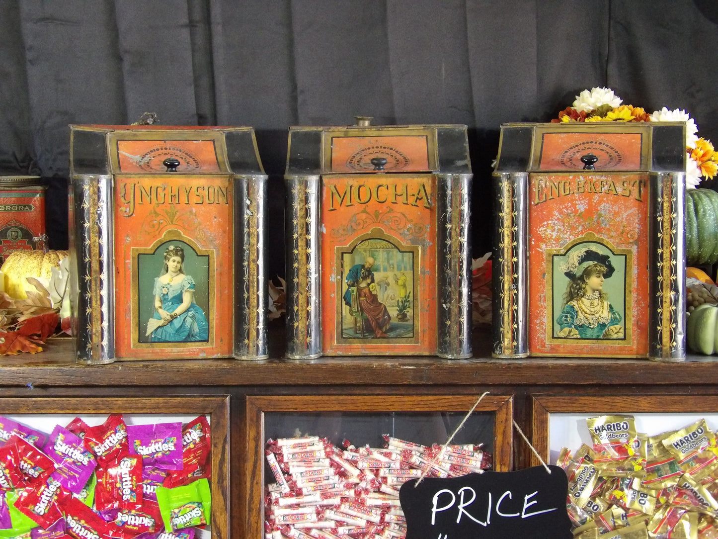 Antique set of Country Store Tins Bins General Mercantile Tea Coffee Large Size