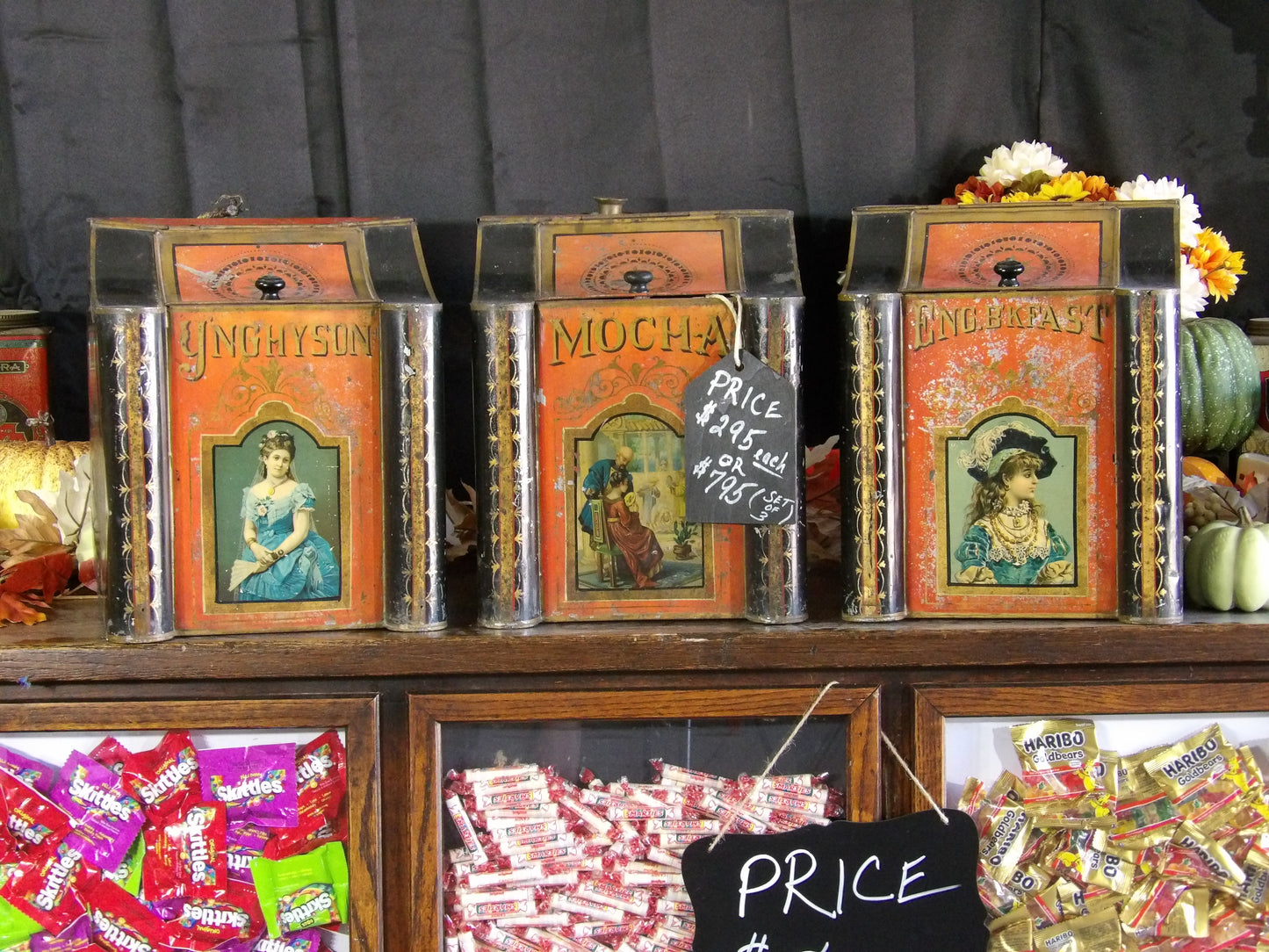 Antique set of Country Store Tins Bins General Mercantile Tea Coffee Large Size