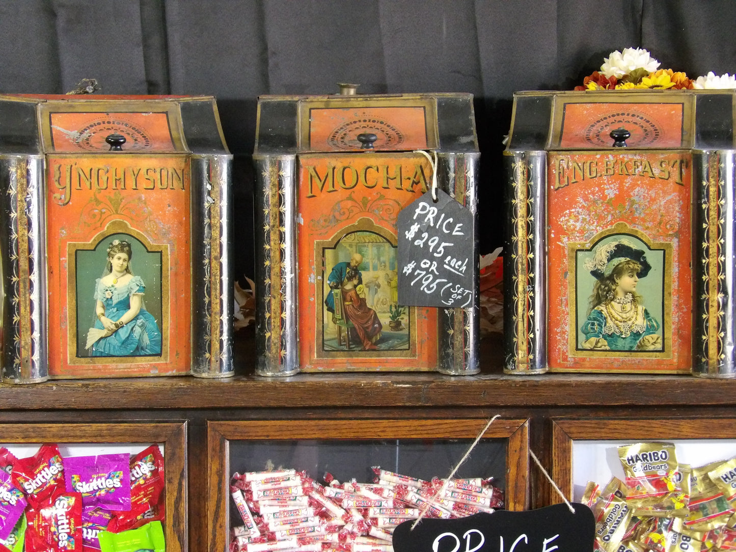Antique set of Country Store Tins Bins General Mercantile Tea Coffee Large Size