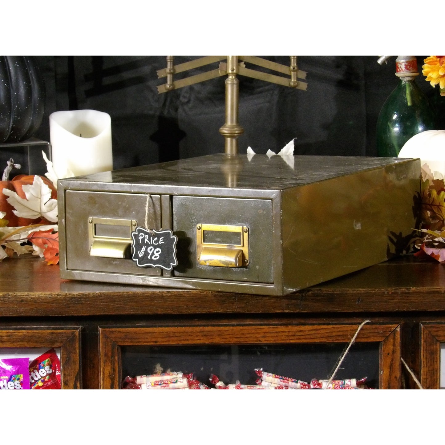 Antique Vintage Metal Card File Drawer Recipe Storage Brass Handles Labels