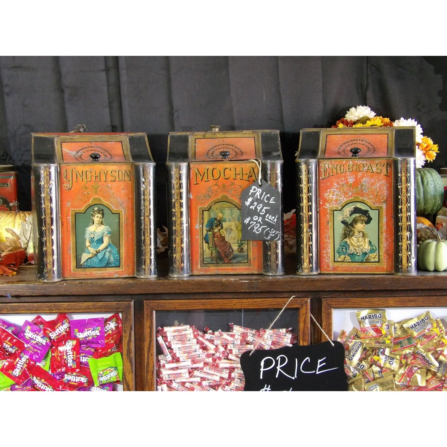 Antique set of Country Store Tins Bins General Mercantile Tea Coffee Large Size