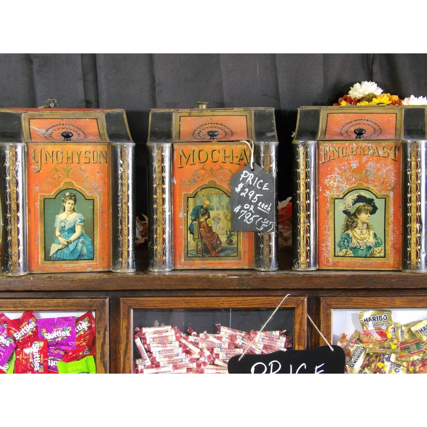 Antique set of Country Store Tins Bins General Mercantile Tea Coffee Large Size