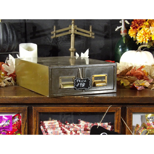 Antique Vintage Metal Card File Drawer Recipe Storage Brass Handles Labels