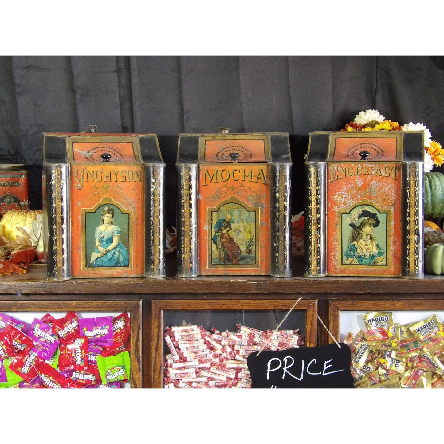 Antique set of Country Store Tins Bins General Mercantile Tea Coffee Large Size